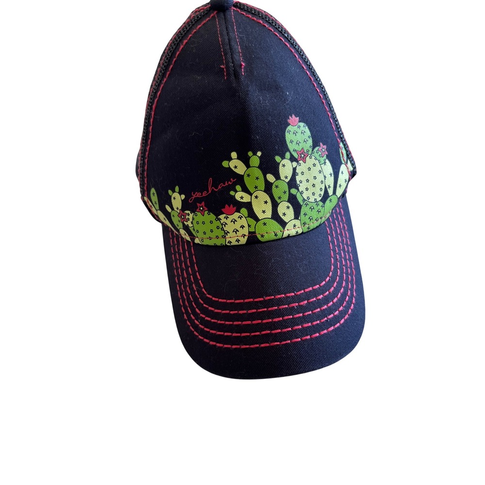 Cruel Girls Yeehaw Cactus Trucker Hat Navy Blue Red Stitch Western Snapback Cap